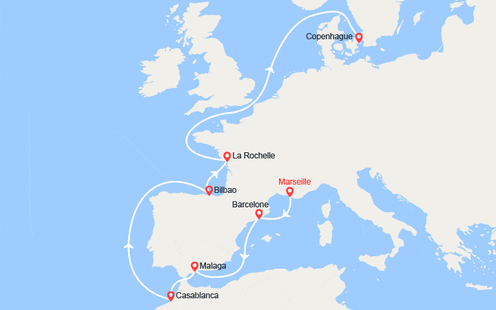 Carte itinéraire croisière Espagne, Maroc, France, Danemark