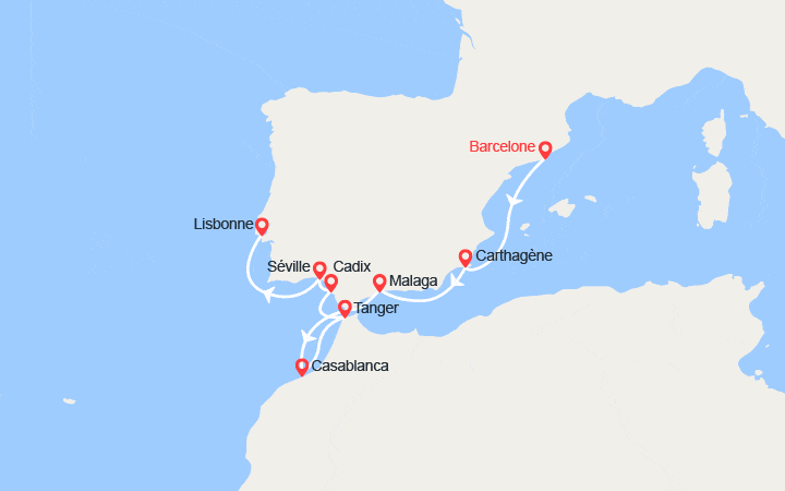 Carte itinéraire croisière Espagne, Maroc, Portugal