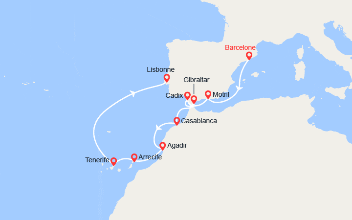 Carte itinéraire croisière Espagne, Maroc, Portugal