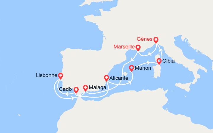 Carte itinéraire croisière Espagne, Portugal, Baléares, Italie
