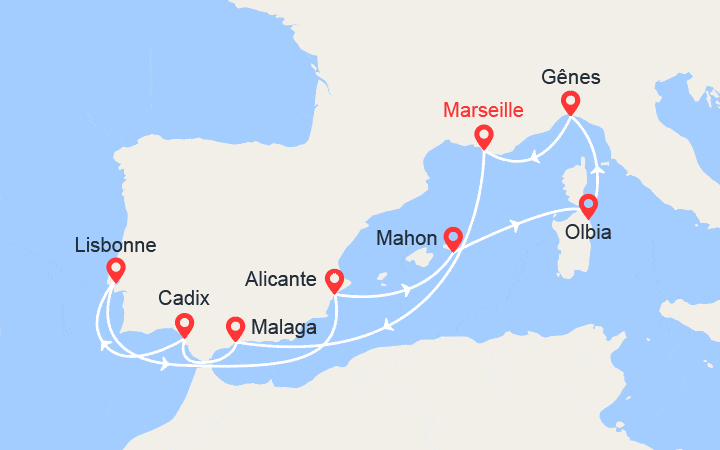 Carte itinéraire croisière Espagne, Portugal, Sardaigne, Italie