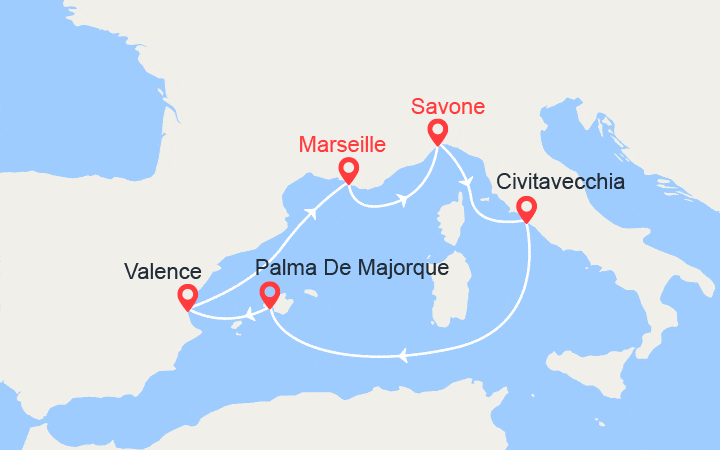 Carte itinéraire croisière Espagne, Sardaigne, Sicile, Italie