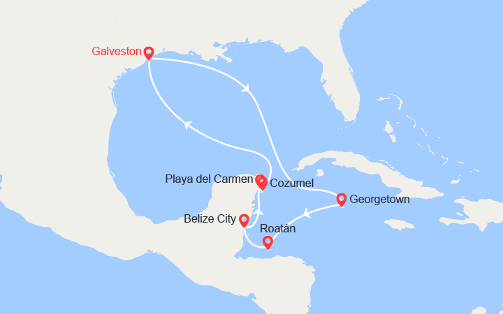 Carte itinéraire croisière États-Unis, Bahamas, Honduras, Belize, Mexique