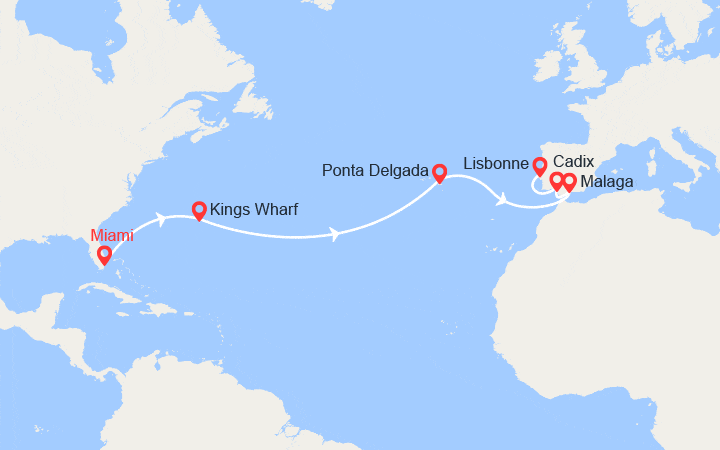 Carte itinéraire croisière États-Unis, Bermudes, Portugal, Espagne