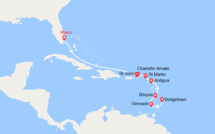 Carte itinéraire croisière États-Unis, Canada, St Thomas, St Martin, Antigua et Barbuda, Martinique, Grenade...
