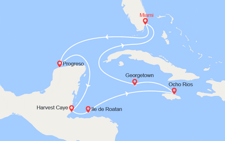 Carte itinéraire croisière États-Unis, Mexique, Belize, Honduras, Jamaïque, Bahamas