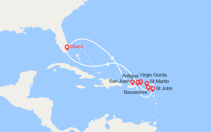 Carte itinéraire croisière États-Unis, Porto Rico, îles Vierges, Antilles, Antigua et Barbuda, St Kitts et Nevis