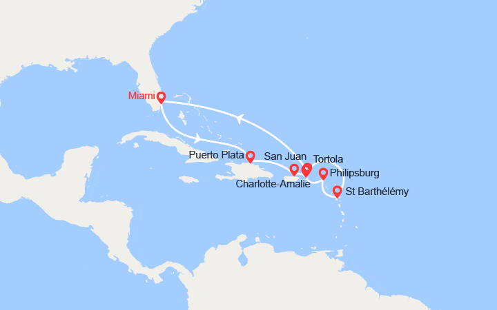Carte itinéraire croisière États-Unis, République dominicaine, Porto Rico, Îles Vierges américaines