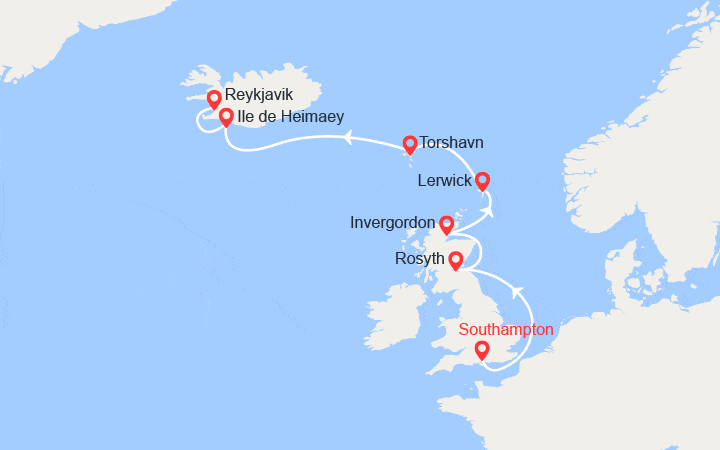 Carte itinéraire croisière Europe du Nord :De Londres à Reykjavik