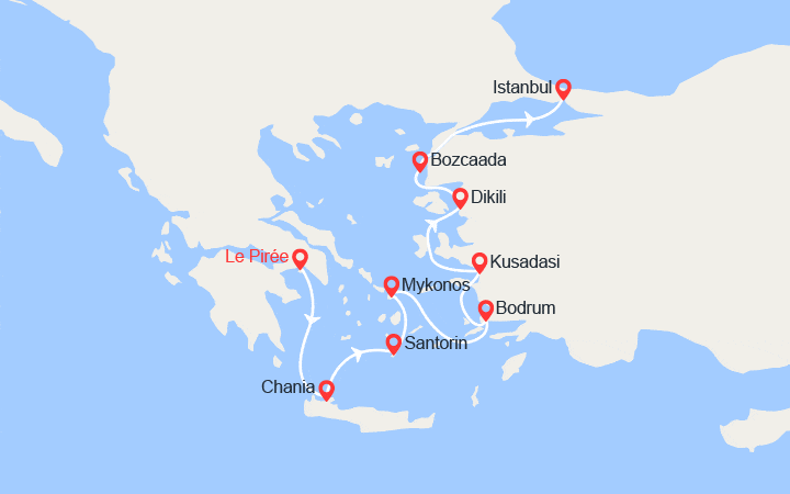 Carte itinéraire croisière Évasion en Méditerranée orientale : Grèce & Turquie