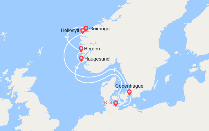 Carte itinéraire croisière Fjords de Norvège : Copenhague, Geiranger, Bergen, Haugesund