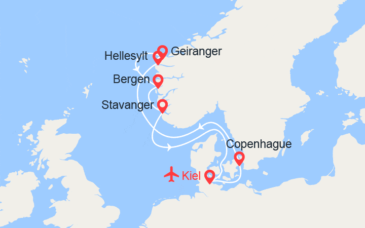 Carte itinéraire croisière Fjords de Norvège : Geiranger, Bergen, Stavanger - Vols inclus