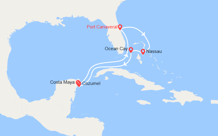 Carte itinéraire croisière Floride, Bahamas, Mexique