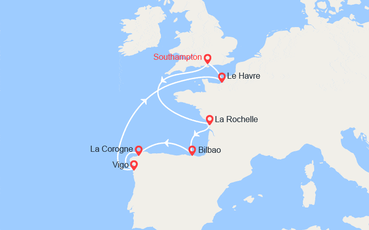 Carte itinéraire croisière France, Espagne au départ de Southampton