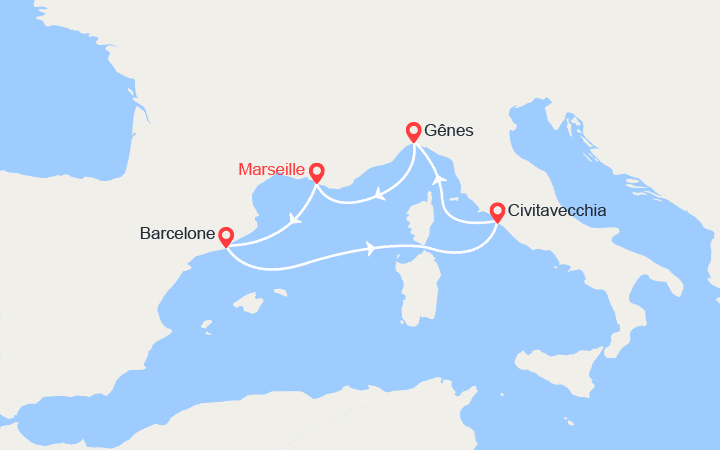 Carte itinéraire croisière France, Espagne, Italie
