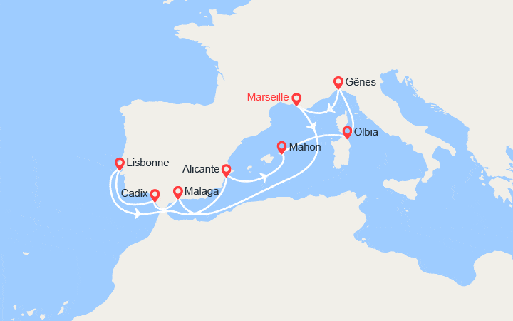 Carte itinéraire croisière France, Espagne, Portugal, Italie