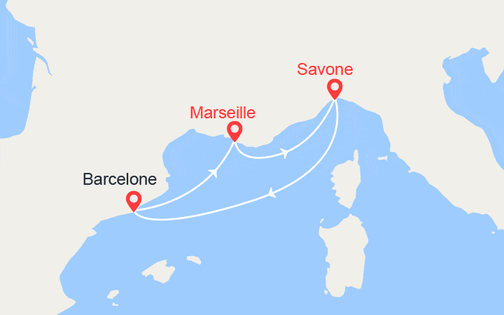 Carte itinéraire croisière France, Italie, Espagne