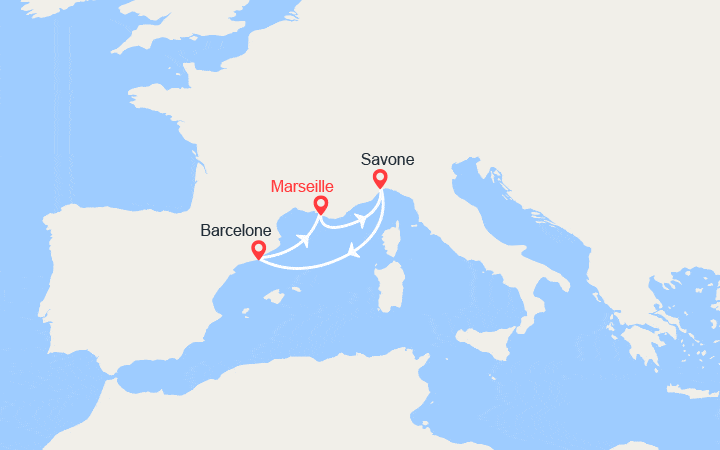 Carte itinéraire croisière France, Italie, Espagne