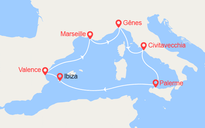 Carte itinéraire croisière France, Italie, Espagne