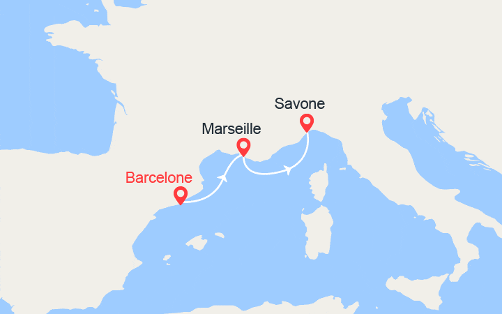 Carte itinéraire croisière France, Italie, Espagne