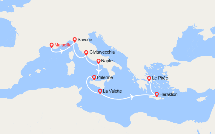 Carte itinéraire croisière France, Italie, Malte, Grèce