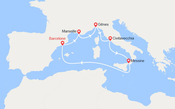 Carte itinéraire croisière France, Italie, Sicile, Espagne