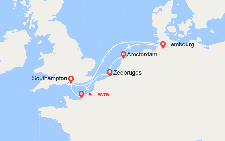 Carte itinéraire croisière France, Royaume-Uni, Allemagne, Hollande, Belgique