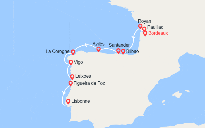 Carte itinéraire croisière Golfe de Gascogne et péninsule ibérique