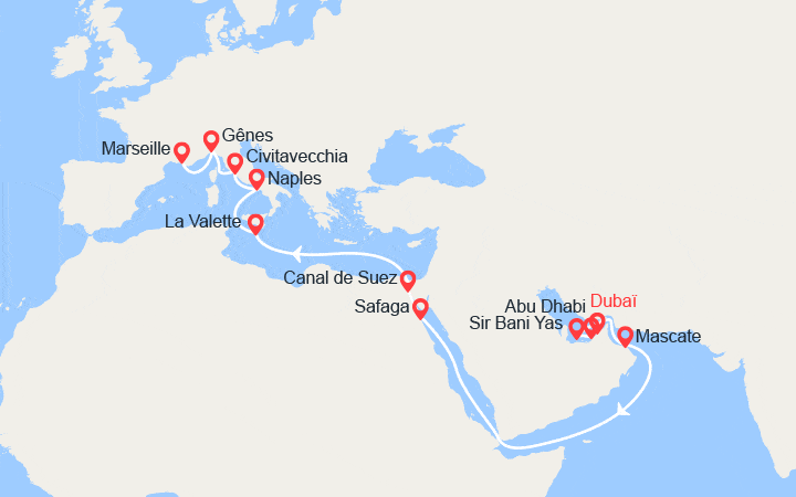 Carte itinéraire croisière Grand Voyage : Émirats arabes unis, Oman, Égypte, Malte, Italie, Provence