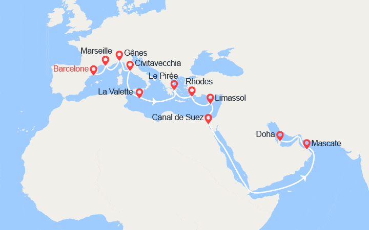 Carte itinéraire croisière Grand Voyage : Espagne, Italie, Malte, îles Grecques, Chypre, Oman