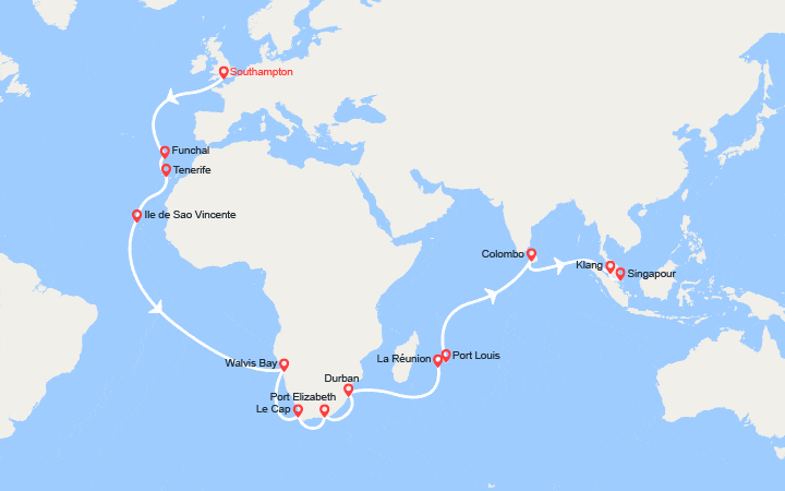Carte itinéraire croisière Grand Voyage : Southampton vers Singapour