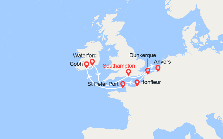 Carte itinéraire croisière Grande Bretagne, Irlande, France