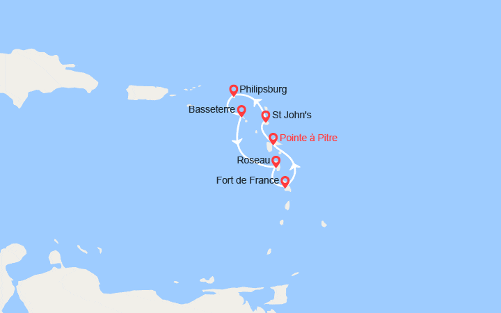 Carte itinéraire croisière Guadeloupe, Antigua & Barbuda, Antilles, Saint Kitts et Nevis, Dominique, Martinique