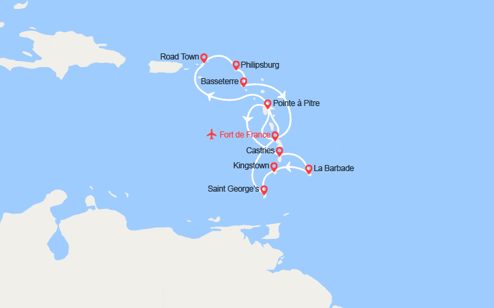 Carte itinéraire croisière Guadeloupe, Sainte-Lucie, Barbade, les Grenadines et Grenade - Vols Inclus