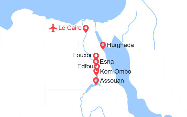 Carte itinéraire croisière Hathor (Caire 5* + croisière 5* + 4 nuits Hurghada 5*)