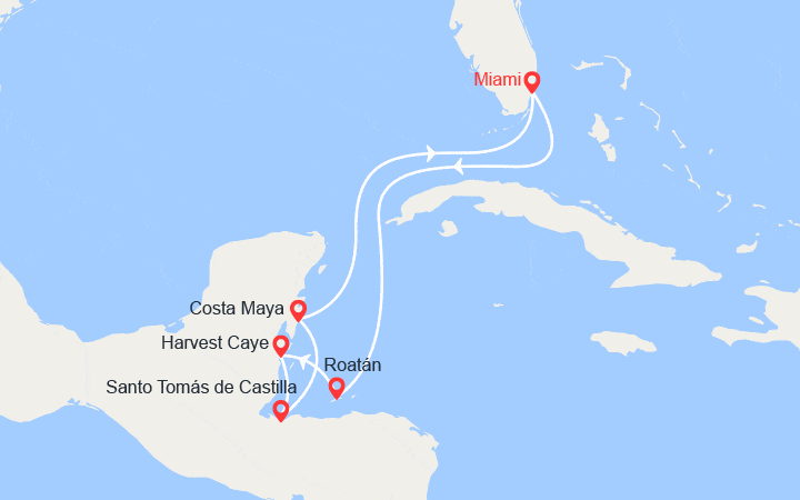 Carte itinéraire croisière Honduras, Belize, Mexique