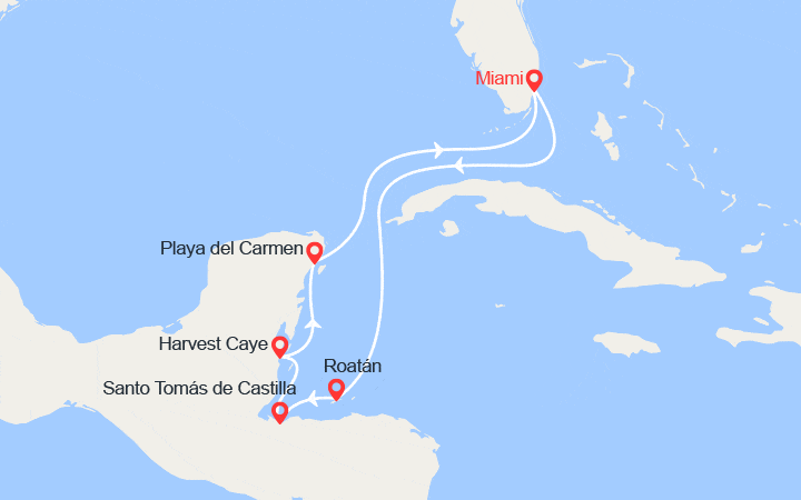 Carte itinéraire croisière Honduras, Guatemala, Mexique