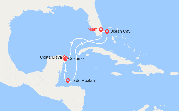 Carte itinéraire croisière Honduras, Mexique, Bahamas