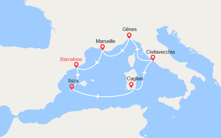 Carte itinéraire croisière Ibiza, Italie, Provence