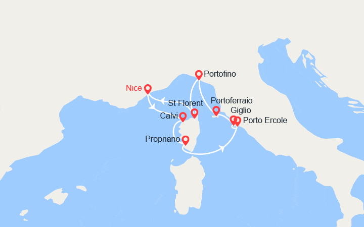 Carte itinéraire croisière Île de Beauté et rivages italiens