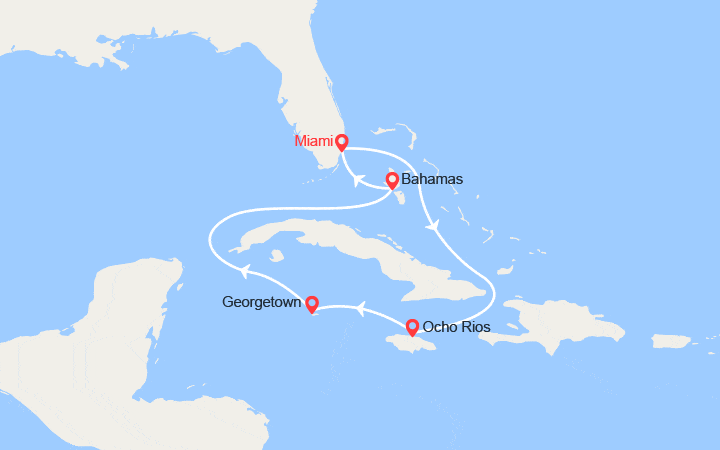 Carte itinéraire croisière Iles Caïman, Jamaïque, Bahamas