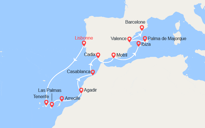 Carte itinéraire croisière Iles Canaries, Maroc, Baléares, Espagne: de Lisbonne à Barcelone