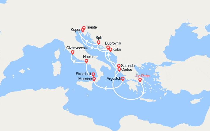 Carte itinéraire croisière Iles grecques, Croatie, Albanie, Sicile, Naples