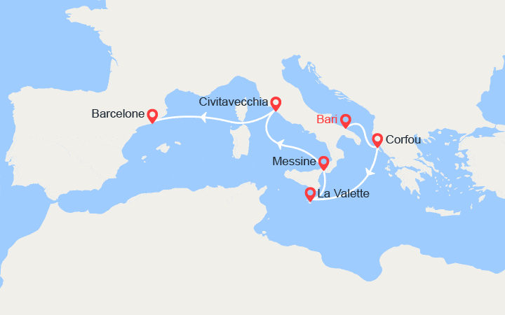 Carte itinéraire croisière Îles Grecques, Malte, Sicile, Italie