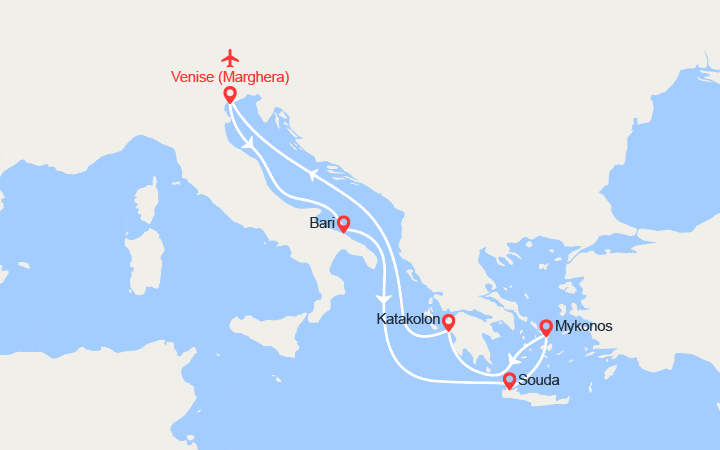 Carte itinéraire croisière Îles Grecques : Mykonos, Santorin, Katakolon - Vols inclus