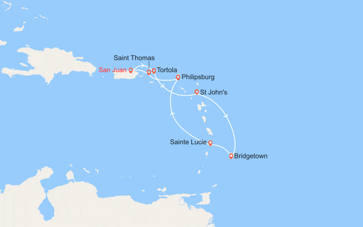 Carte itinéraire croisière Îles Vierges, Antigua et Barbuda, Barbade, Sainte-Lucie, St Martin