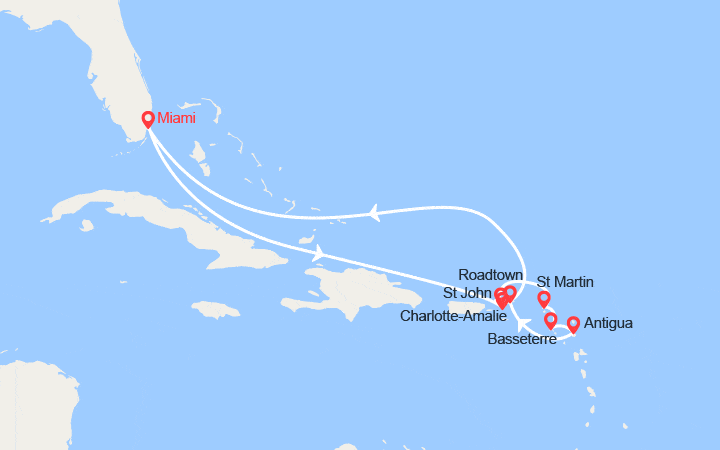 Carte itinéraire croisière Iles Vierges, Antilles, Antigua et Barbuda