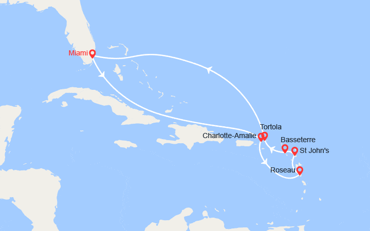 Carte itinéraire croisière Iles Vierges, Dominique