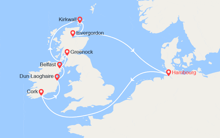 Carte itinéraire croisière Irlande, Royaume-Uni