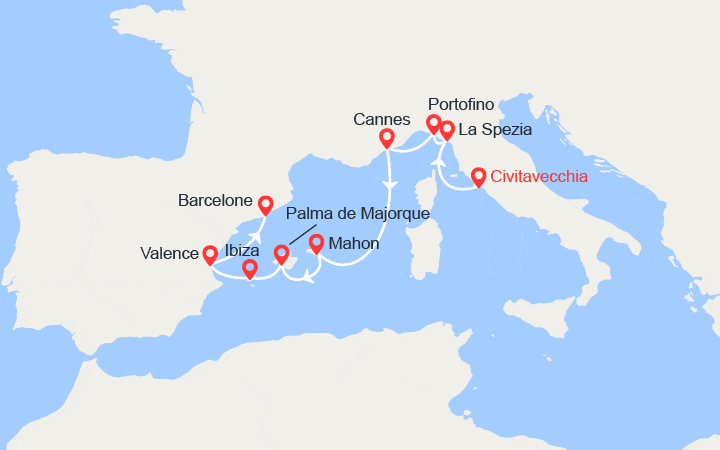 Carte itinéraire croisière Italie, Corse, Iles Baléares, Espagne